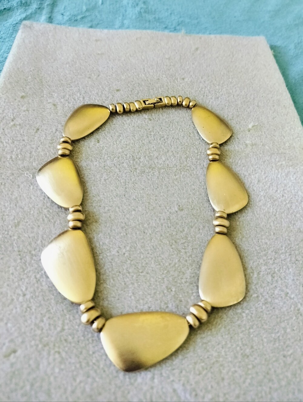 Vintage 1980s Signed Monet Modernist Teardrop Panel Necklace, Brushed Gold Tone